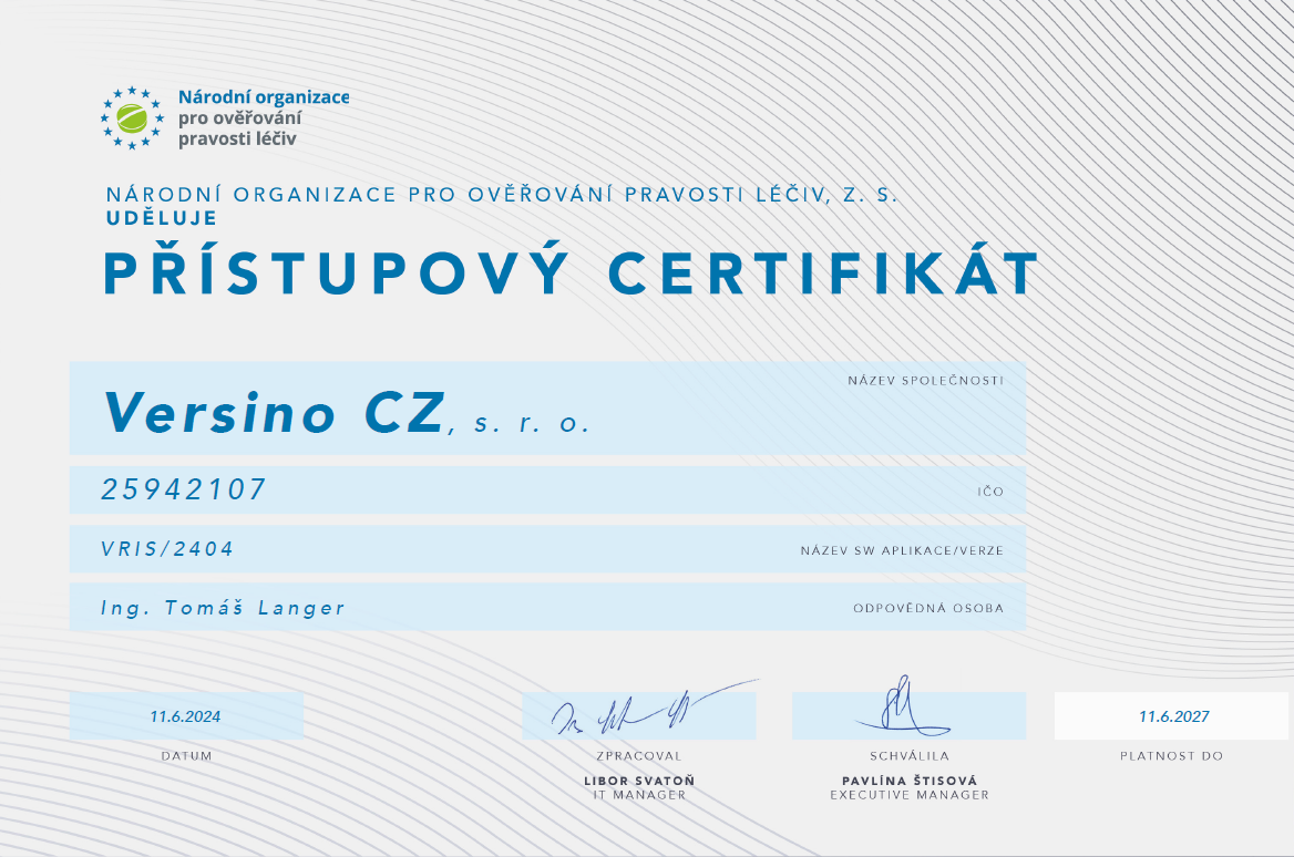 Naše integrace získala certifikaci Národní organizace pro ověřování pravosti léčiv