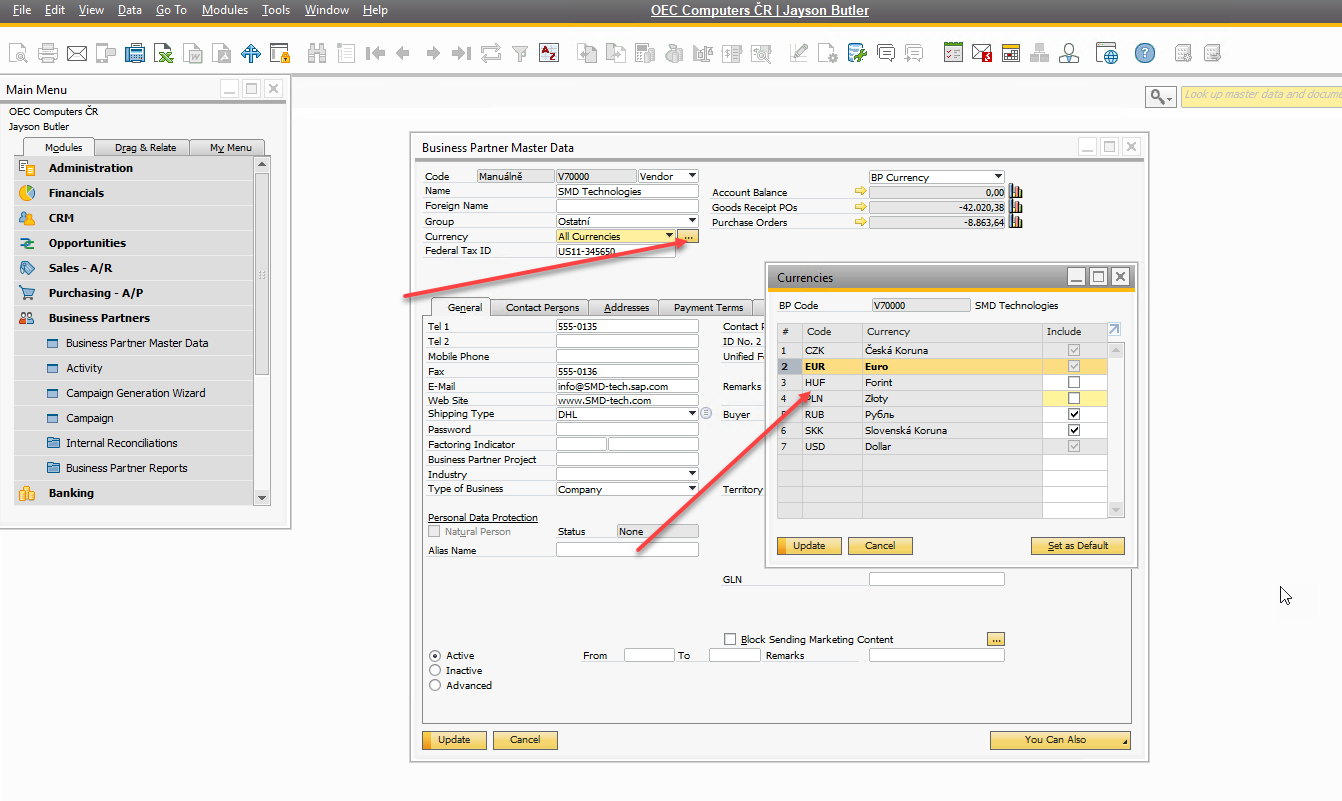 Tip pro uživatele SAP Business One - Definice standardní měny a skrytí jiných měn