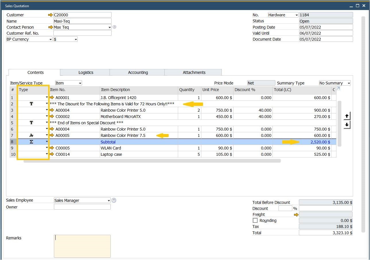 Tip pro uživatele SAP Business One - Jak přidat speciální typy řádků do dokumentu?