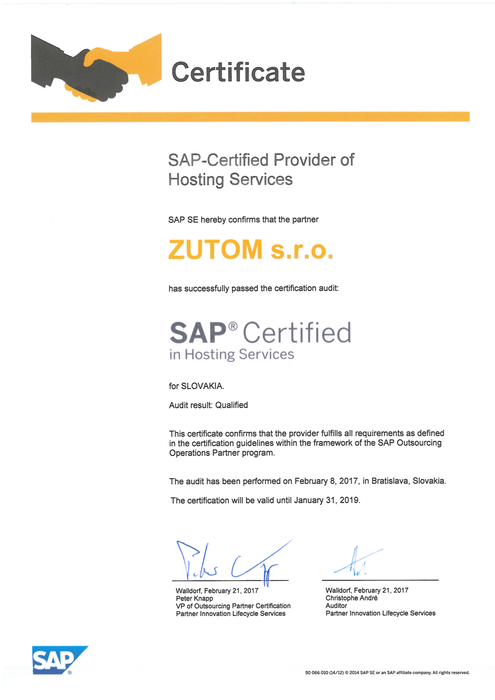 ZUTOM držitelem certifikátu kvality společnosti SAP